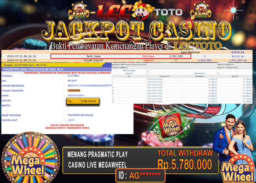 LCCTOTO JACKPOT LIVE CASINO PRAGMATIC MEGA WHEEL 5.780.000 LUNAS